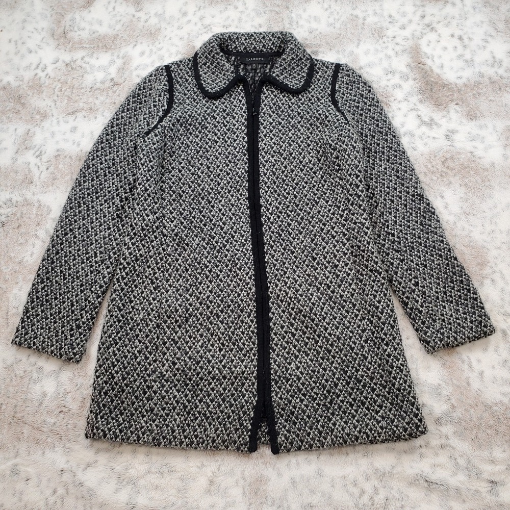 Talbots Sweater Jacket XS Black White‎ Wool Blend Knit Old Money Academia Office